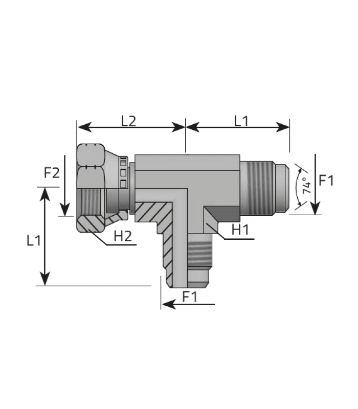 Тройник ориентиране, гайка в страни, резба JIC 37°, конус 74°